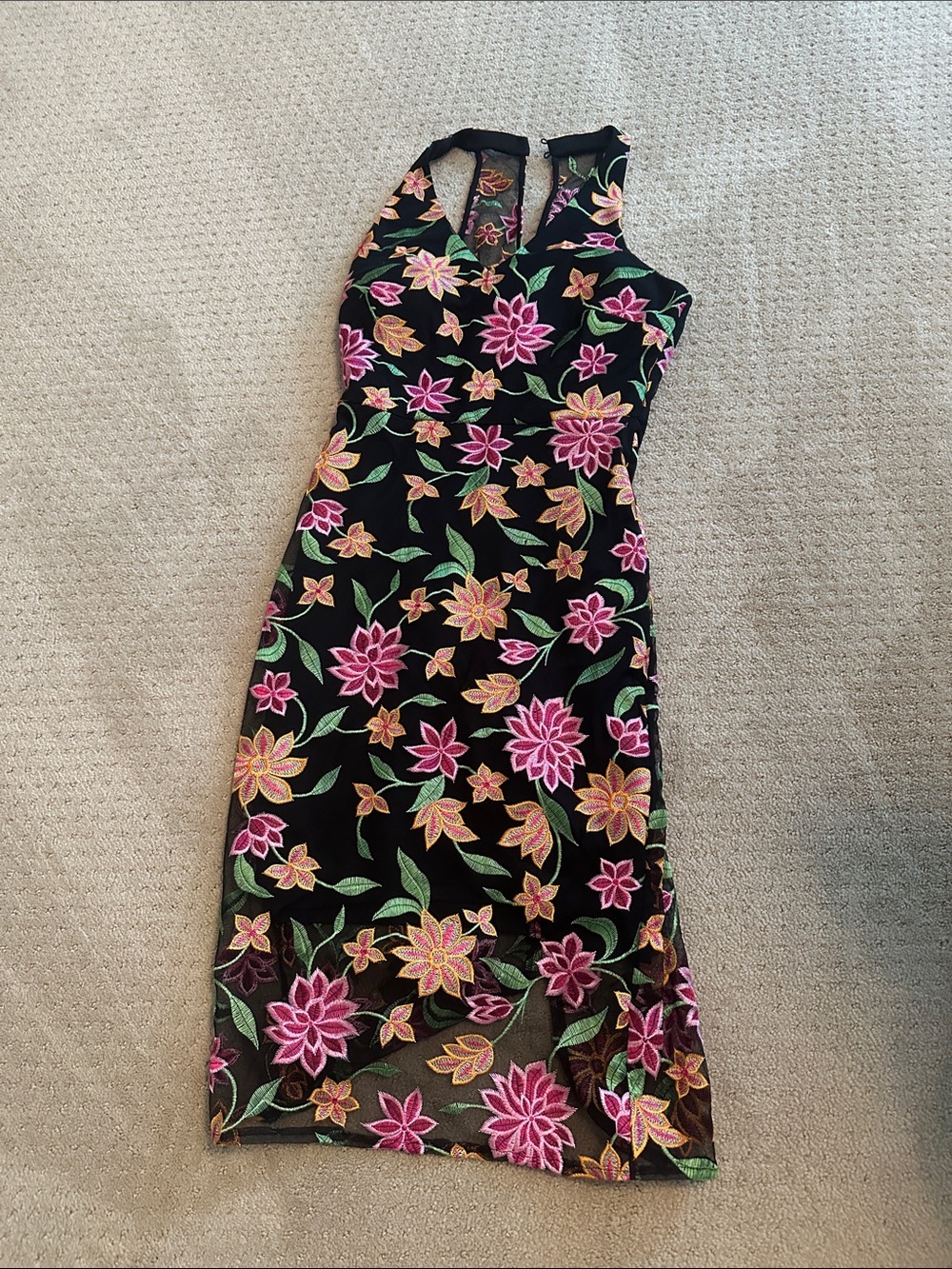 Siena Studio Black Floral Embroidered Midi Dress with Pink & Yellow Blooms